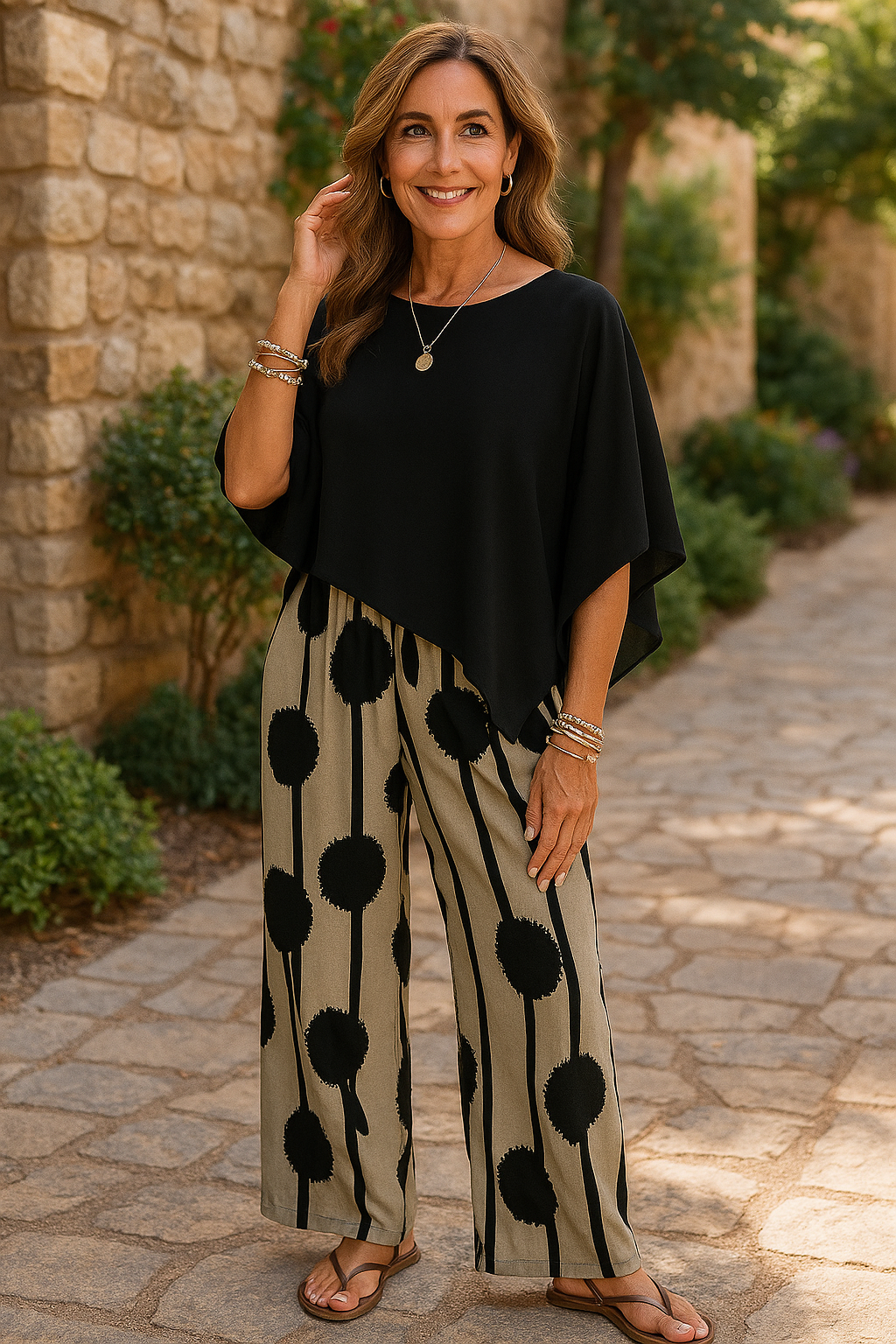 VivaJolie | Tenue femme tendance avec top asymétrique et pantalon imprimé