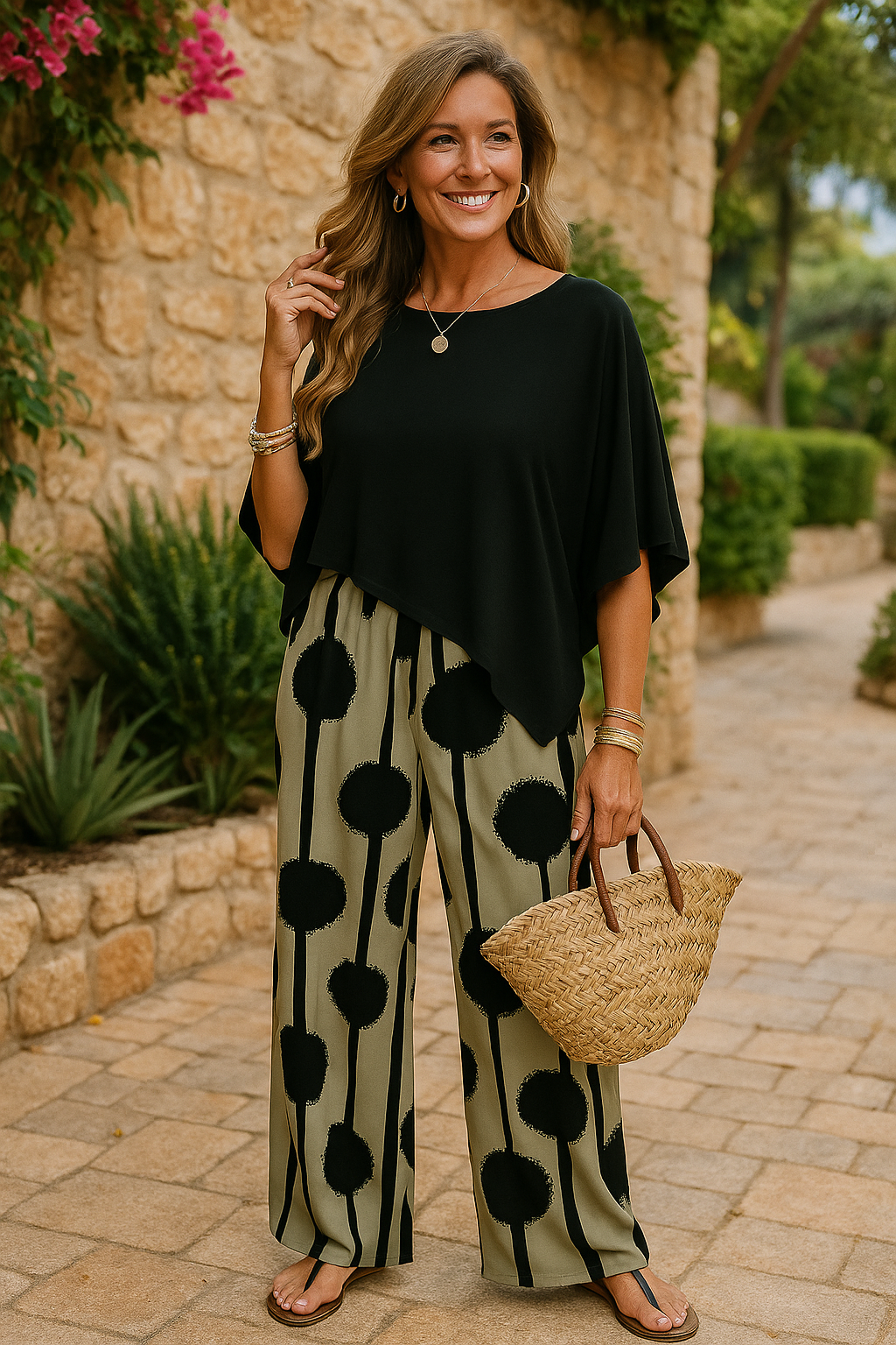 VivaJolie | Tenue femme tendance avec top asymétrique et pantalon imprimé