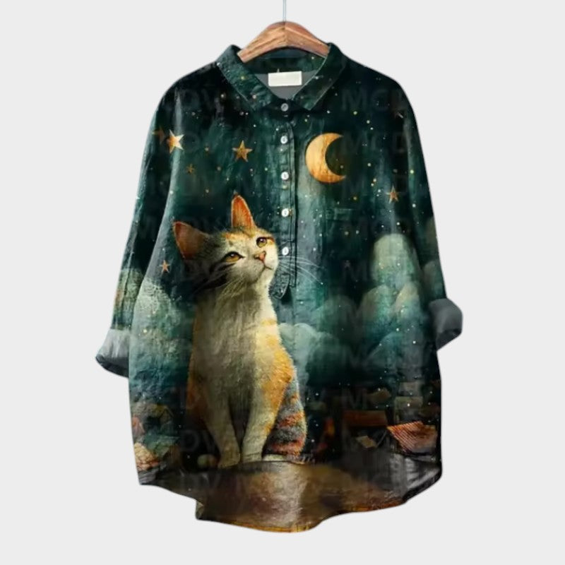VivaJolie | VIVIANA | Blouse oversize avec chats en aquarelle – confort joyeux pour chaque instant