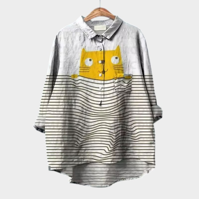 VivaJolie | VIVIANA | Blouse oversize avec chats en aquarelle – confort joyeux pour chaque instant