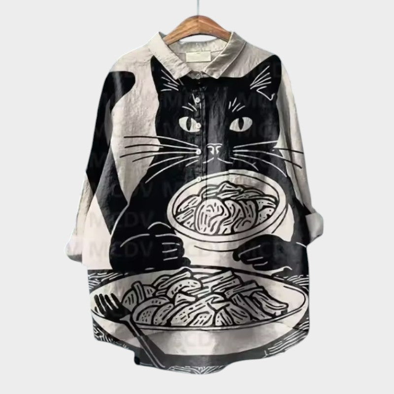 VivaJolie | VIVIANA | Blouse oversize avec chats en aquarelle – confort joyeux pour chaque instant