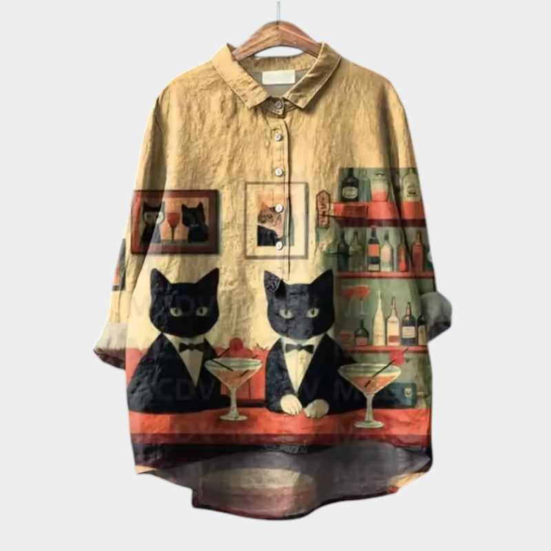 VivaJolie | VIVIANA | Blouse oversize avec chats en aquarelle – confort joyeux pour chaque instant