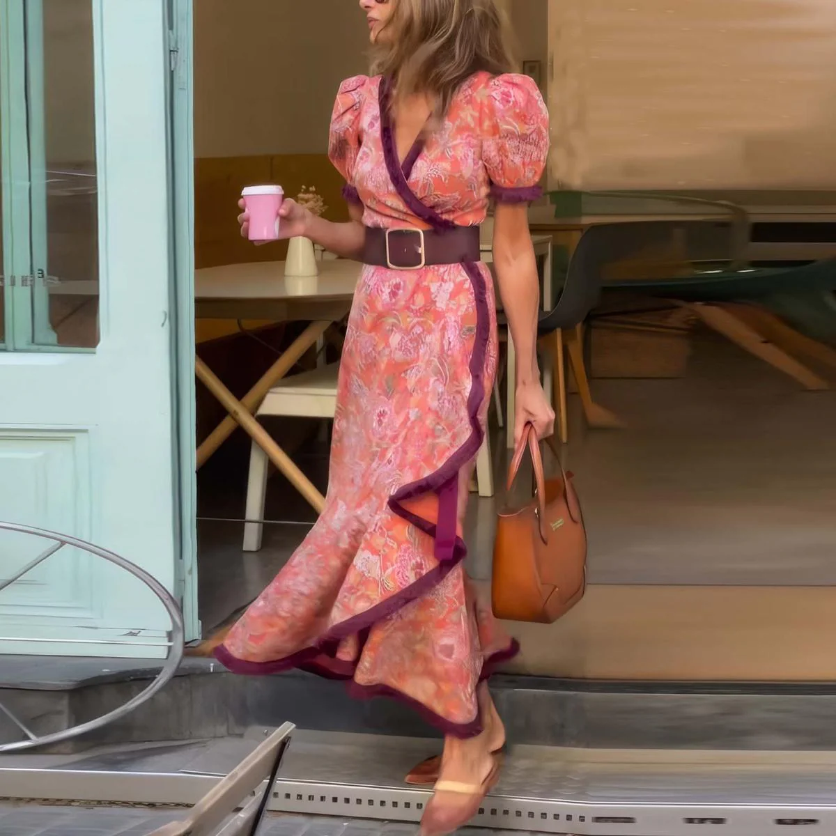 VivaJolie | Robe maxi rose élégante à manches courtes