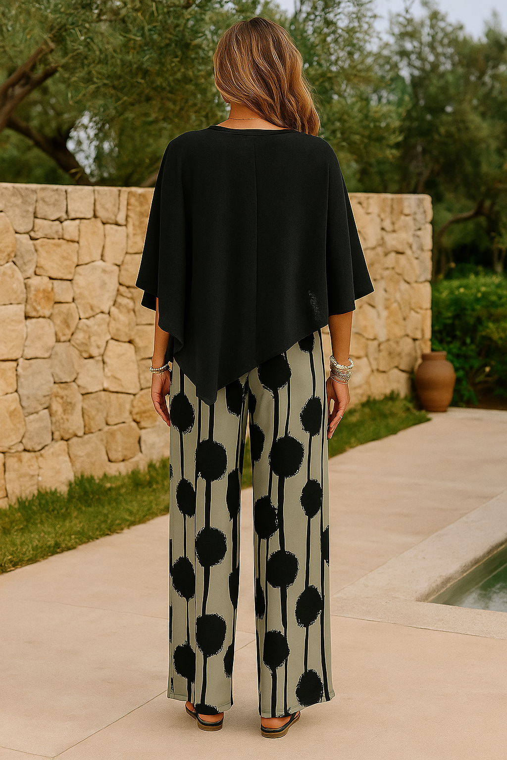 VivaJolie | Tenue femme tendance avec top asymétrique et pantalon imprimé