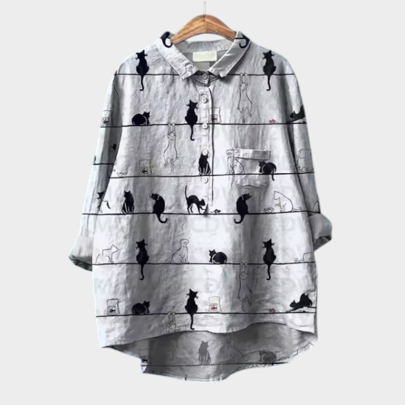 VivaJolie | VIVIANA | Blouse oversize avec chats en aquarelle – confort joyeux pour chaque instant