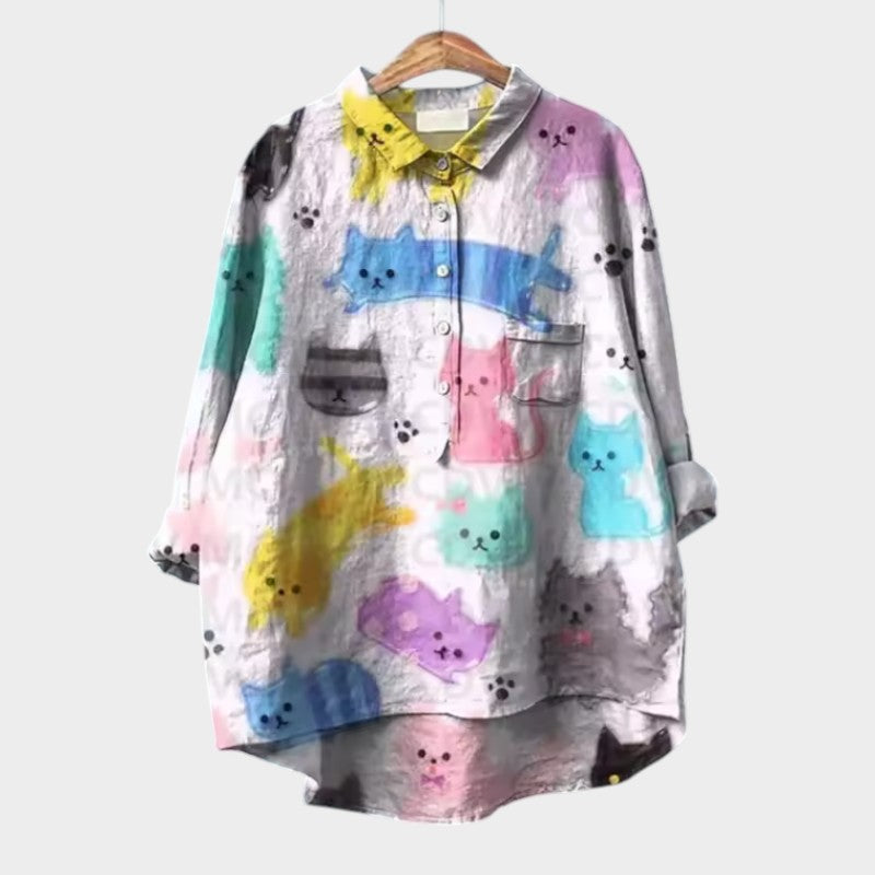 VivaJolie | VIVIANA | Blouse oversize avec chats en aquarelle – confort joyeux pour chaque instant