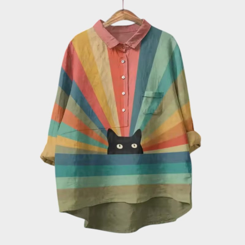 VivaJolie | VIVIANA | Blouse oversize avec chats en aquarelle – confort joyeux pour chaque instant